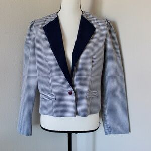 Vintage Navy Blue & White Checkered Cropped Puff Sleeve Blazer